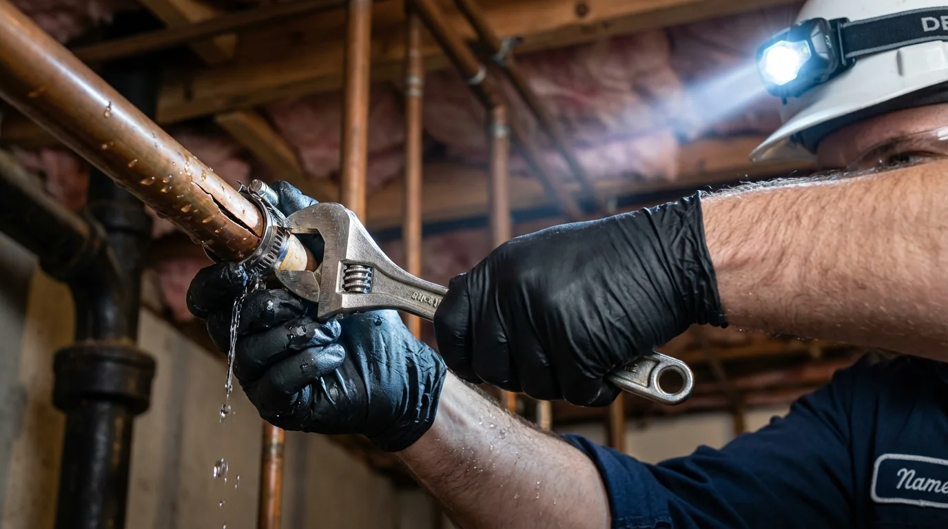 Emergency pipe clamp repair being performed by a Johns Plumbing LLC plumber in Sandy