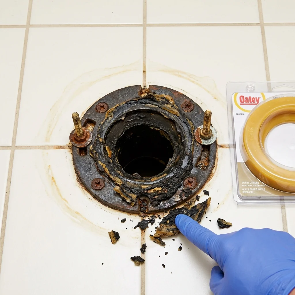 Failed wax ring showing water seepage at the base of a toilet in a Sandy, OR home