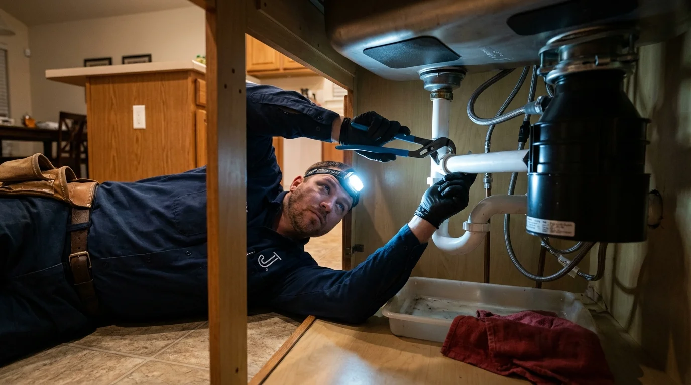 P-trap and supply line connections under a kitchen sink showing a common leak point in Sandy, OR